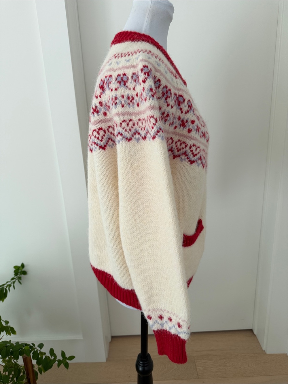 FAIR ISLE  Hearts Bows Cardigan Sweater Fuzzy Soft Cozy Pockets Nordic Soft Girl - Picture 6 of 17